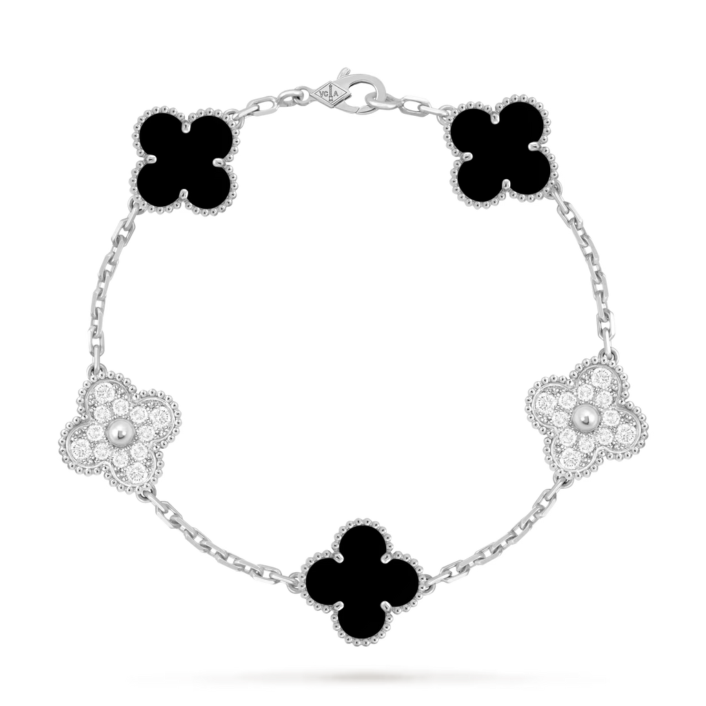 Vintage Alhambra bracelet, 5 motifs, rhodium plated white gold, onyx, round diamonds