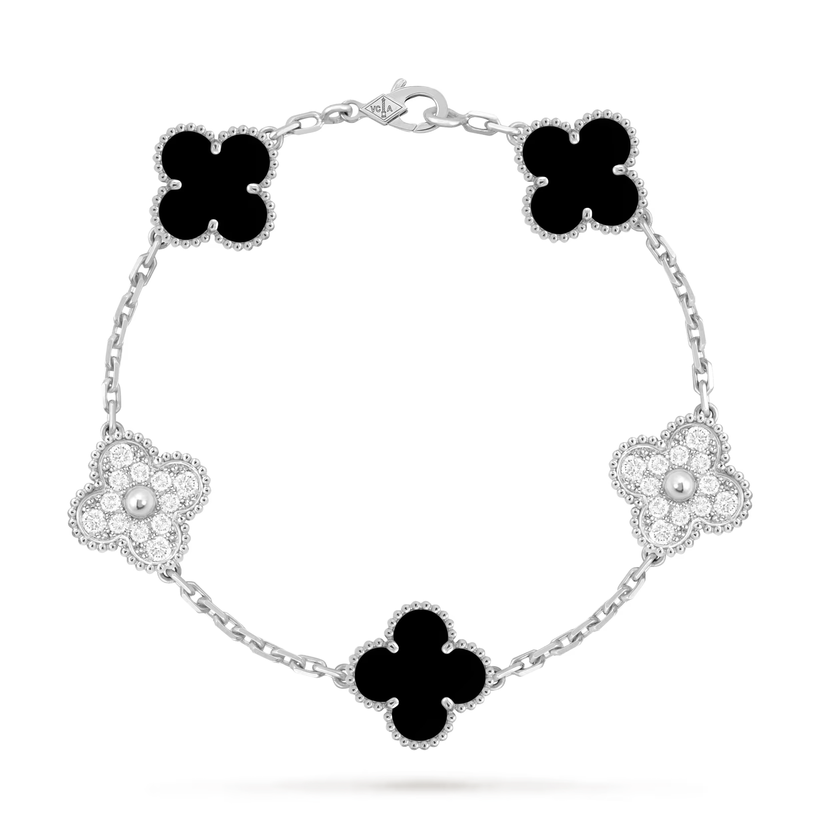 Vintage Alhambra bracelet, 5 motifs, rhodium plated white gold, onyx, round diamonds