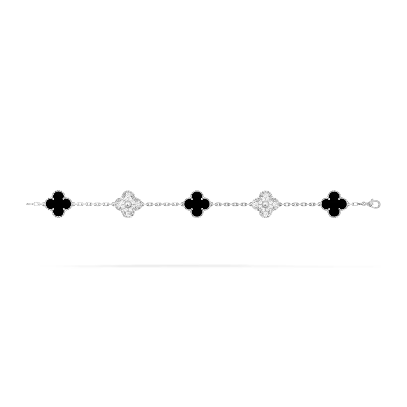 Vintage Alhambra bracelet, 5 motifs, rhodium plated white gold, onyx, round diamonds