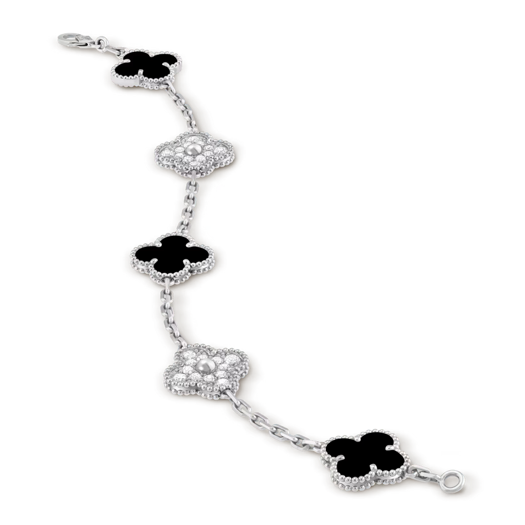 Vintage Alhambra bracelet, 5 motifs, rhodium plated white gold, onyx, round diamonds