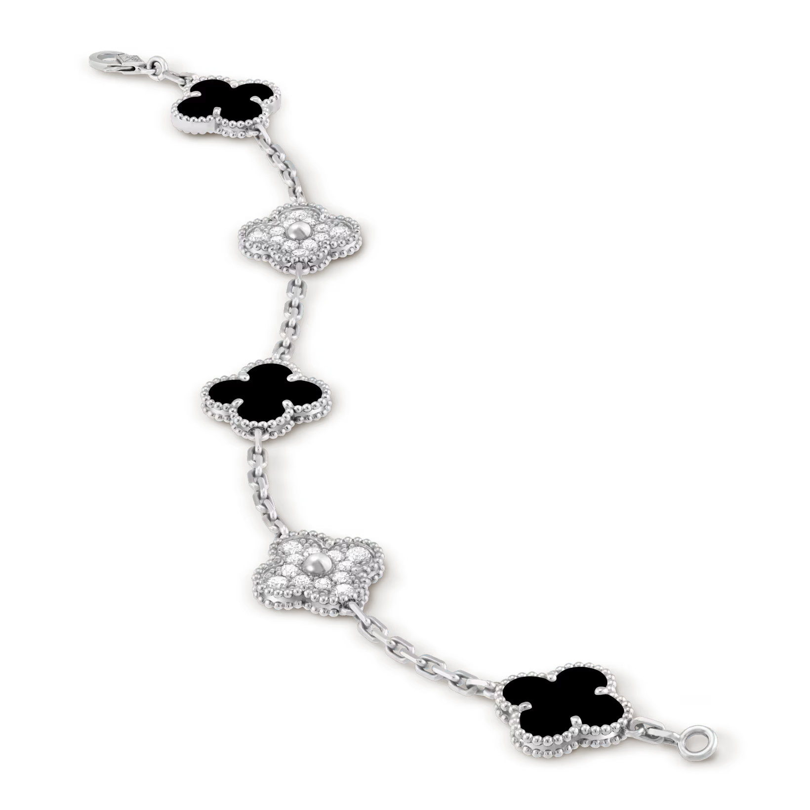 Vintage Alhambra bracelet, 5 motifs, rhodium plated white gold, onyx, round diamonds
