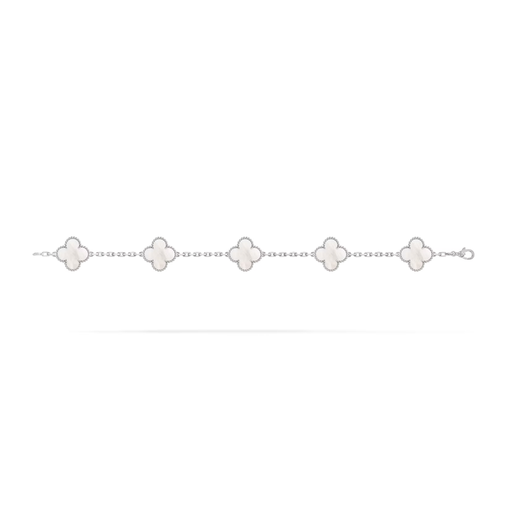 Vintage Alhambra bracelet, 5 motifs, rhodium plated, white mother-of-pearl
