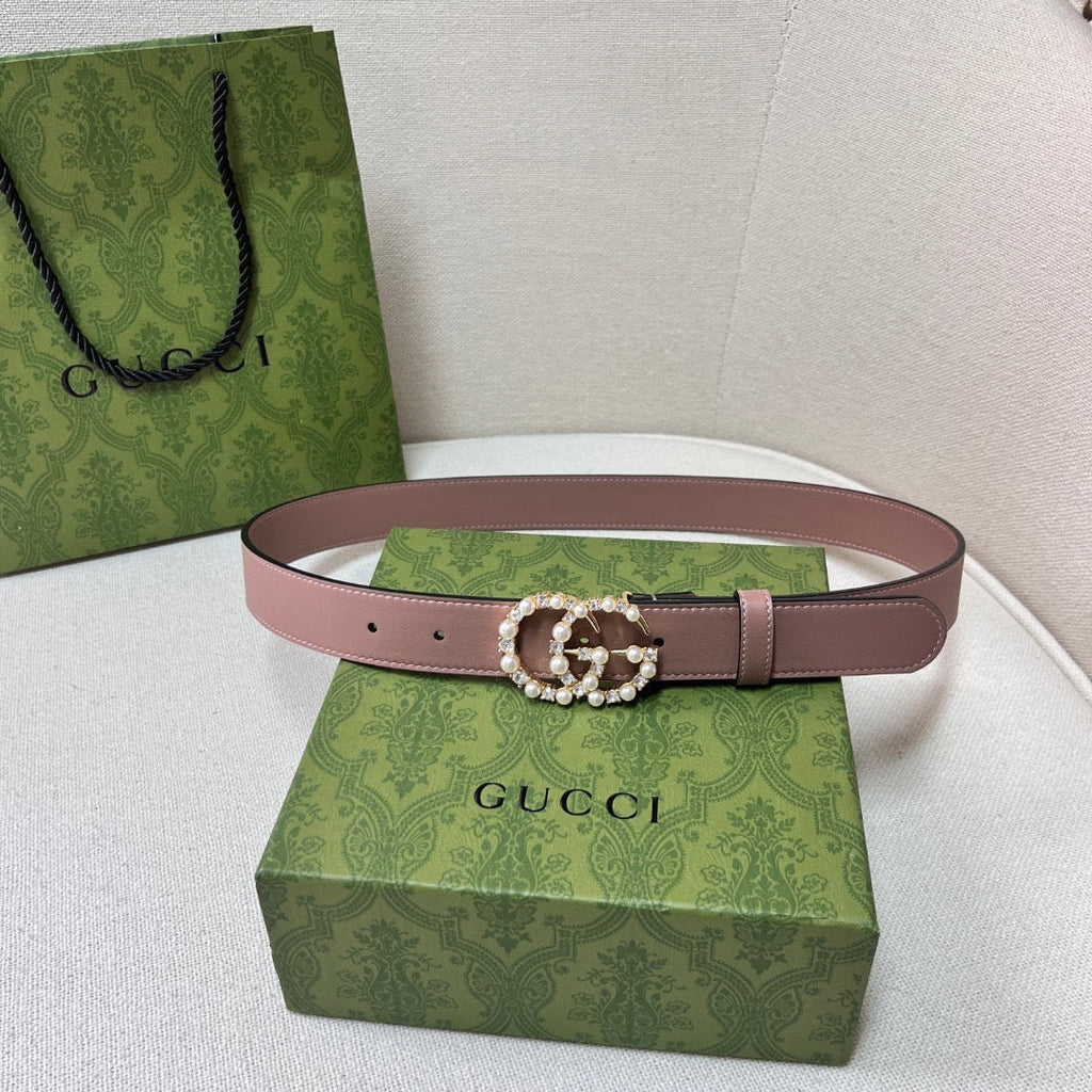 BL197 GG Leather belt with pearl Double G / 30mm